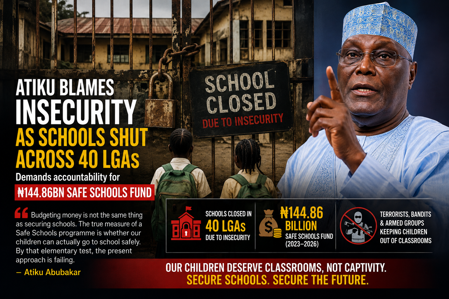 Atiku Demands Accountability for ₦144.86bn Safe Schools Fund, Blames Insecurity for Closure of Schools Across 40 LGAs
